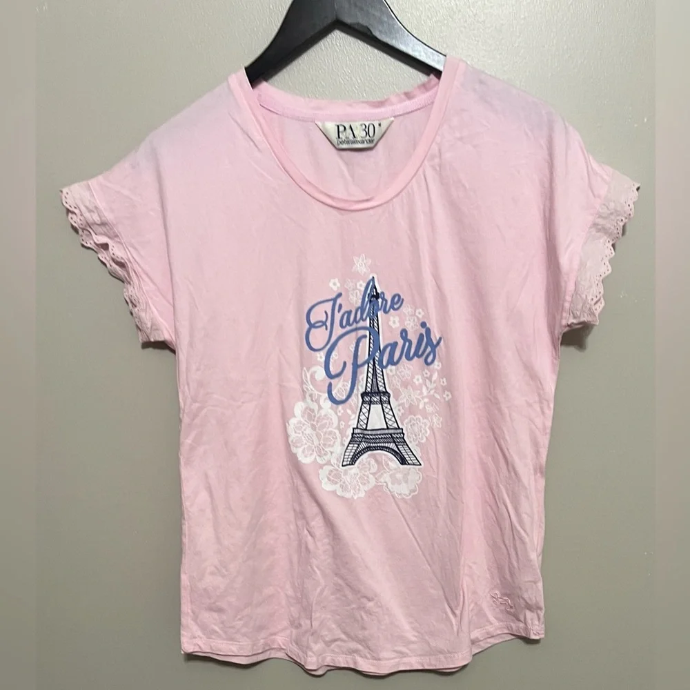 Peter Alexander “J’adore Paris” Eiffel Tower short sleeve eyelet ruffle sleeve M